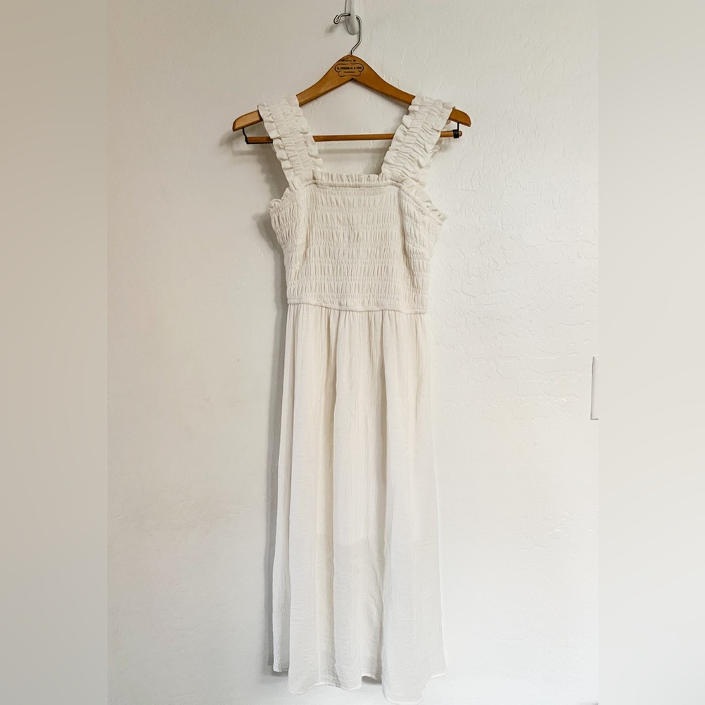 Smocked Ruffle Strap Midi Dress - White